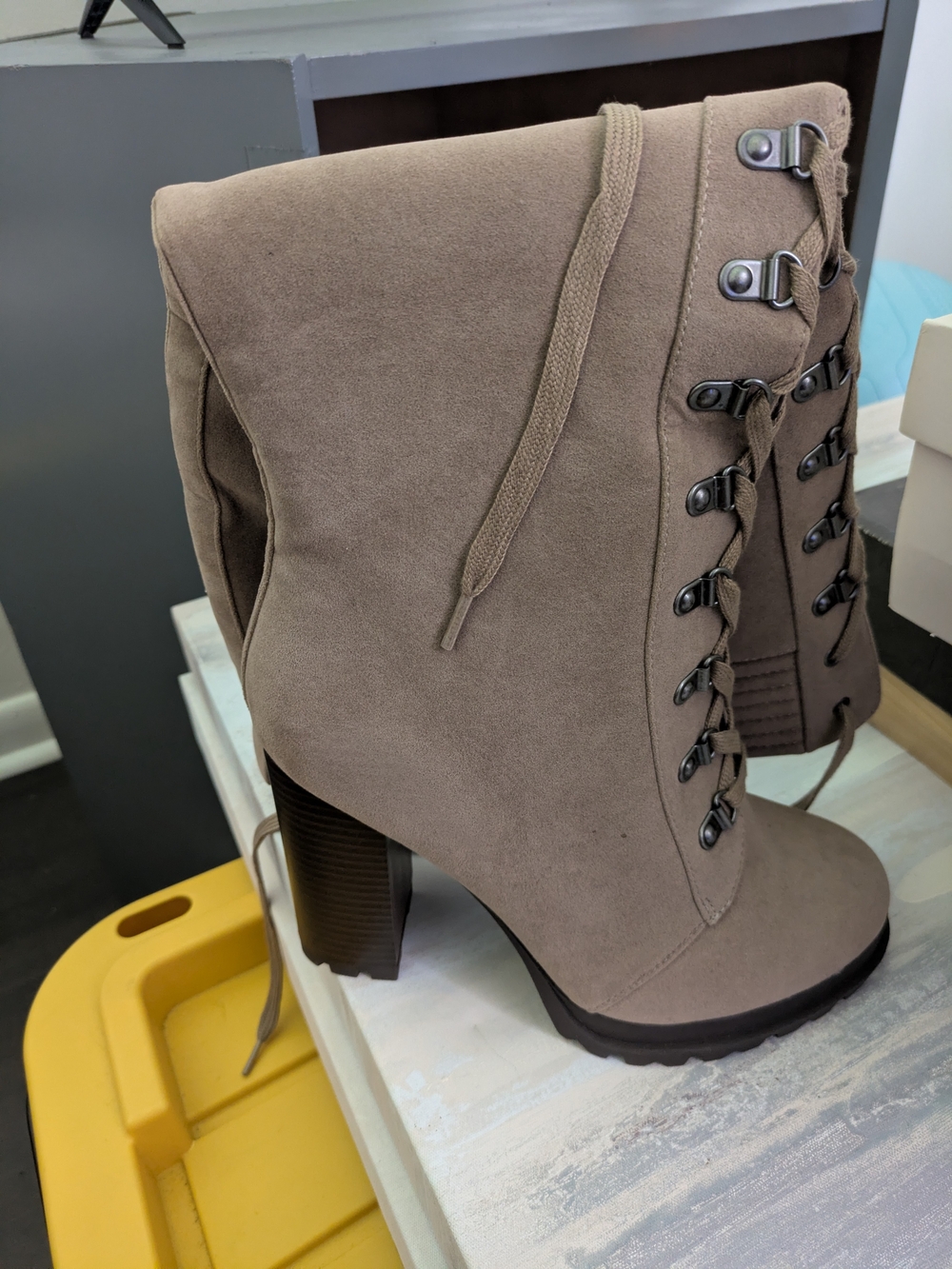 JustFab Taupe Lace-Up Suede Block Heel Booties